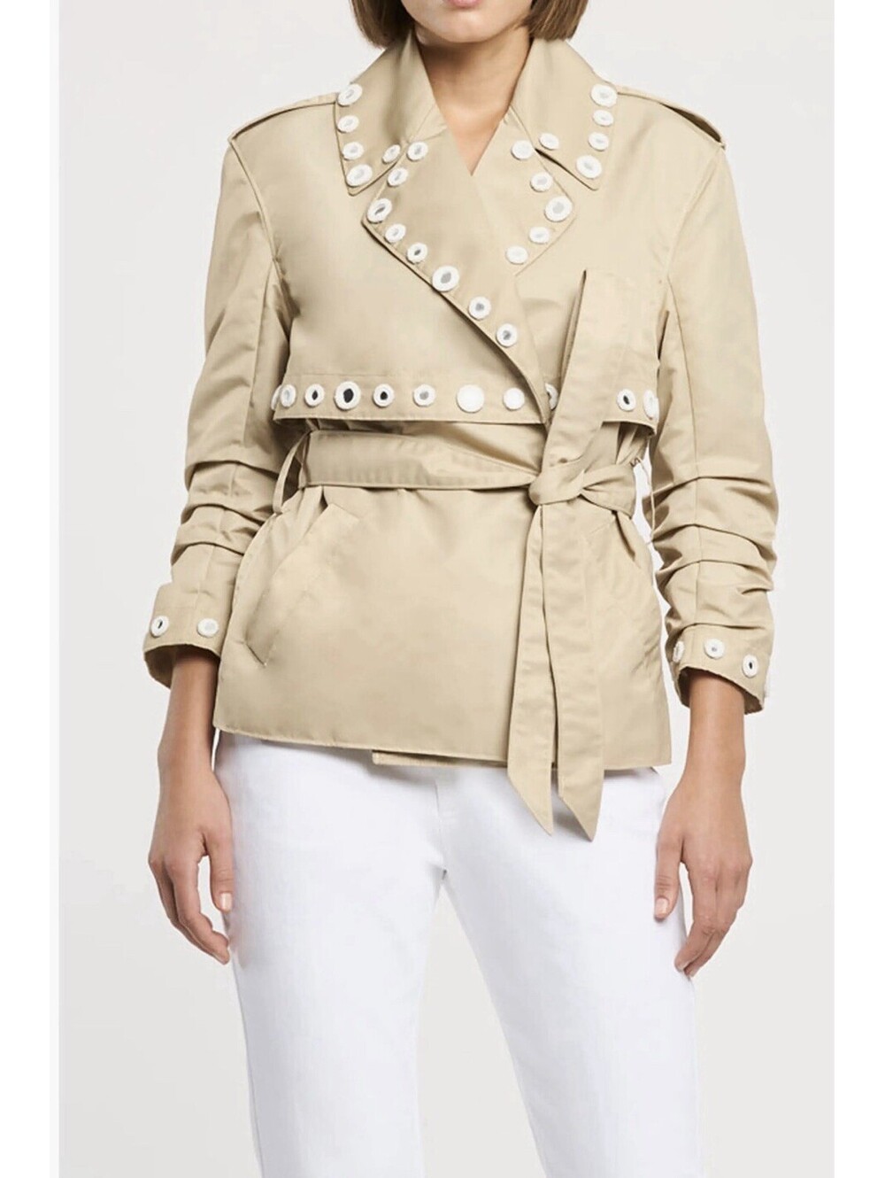 New Cinq A Sept Crochet Mirrors Belted Jacket In Khaki Ivory Size XL $595